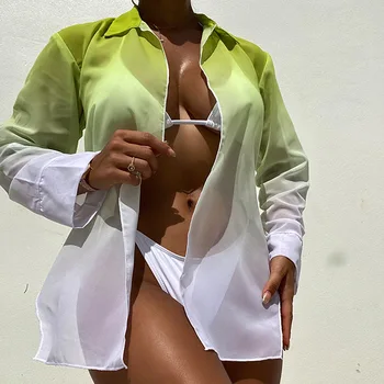 2023 Yaz Yeni Degrade Gömlek Uzun Kollu üst bluz Tunik Kadınlar Plaj Cover Up Mayo Plaj Giyim Plaj Kıyafeti Beachwear