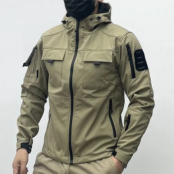 Taktik Softshell Ceket erkekler Askeri Çok Cepler Hood Rüzgarlıklar Kış Açık Polar Sıcak Ceketler Köpekbalığı Cilt Su Geçirmez