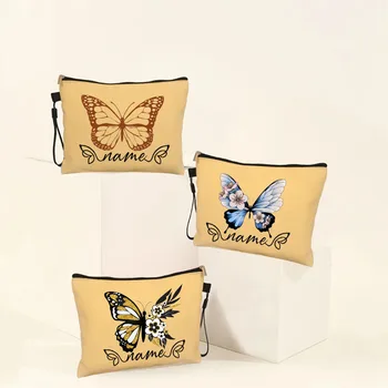 Kelebek Kişiselleştirilmiş Adı Özel Metin Kozmetik Çantası Sevimli Tuval Makyaj Organizatör Çanta Kadın Seyahat makyaj çantası Hediye Onun için