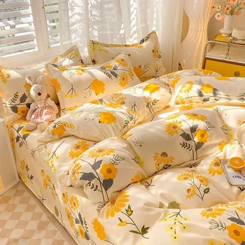 Ins Sarı Çiçek nevresim takımı Nevresim Yumuşak Ev Tekstili Kraliçe Kral Düz yatak çarşafı Nevresim Çiçek Yastık Kılıfı Kawaii