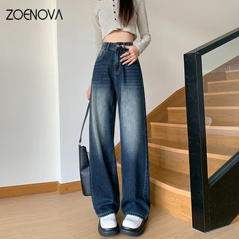 ZOENOVA Sonbahar Moda Y2k Kot kadın Geniş Bacak Pantolon 2023 Yeni Yüksek Bel Vintage Casual Kore Sokak Stili Marka Giyim