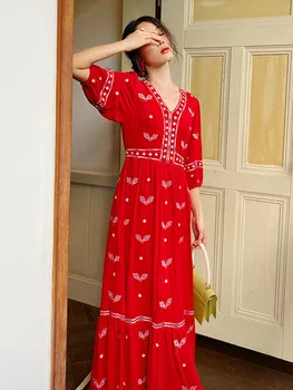 Jastie 2023 Bohemia Yeni Kırmızı Elbise Kadın Yaz V Boyun Kısa Kollu Tatil Elbiseler Zarif Nakış Bel İnce uzun elbise