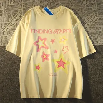 Amerikan Trend Retro Yıldız Grafik Baskı Kadın T-Shirt Yaz Harajuku Rahat Gevşek Çift Kısa Kollu Y2K Tees Tops