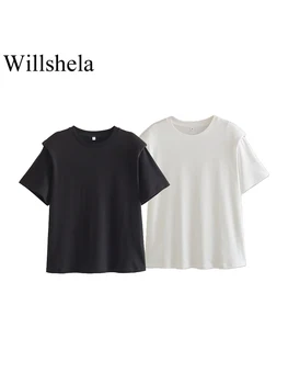 Willshela Kadın Moda Omuz Pedi İle Katı Yumuşak T-Shirt Vintage O-boyun Kısa Kollu Kadın Şık kadın bluzları