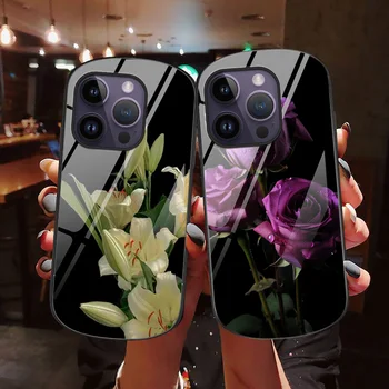 Zambak Çiçeği telefon Kılıfı için iPhone 14 13 12 11 PromaX XR XS Max 7 8 SE 2022 Oval Temperli Cam Koruma Kabuk Gül Coque