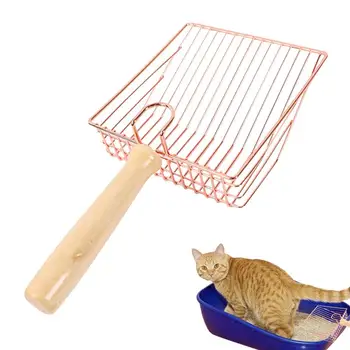 Kedi kumu kepçesi Ahşap Saplı Büyük Pooper Scooper Yavru Uzun Saplı Kaka Eleme Kürek Yeniden Kullanılabilir Metal Yavru Kedi Kumu